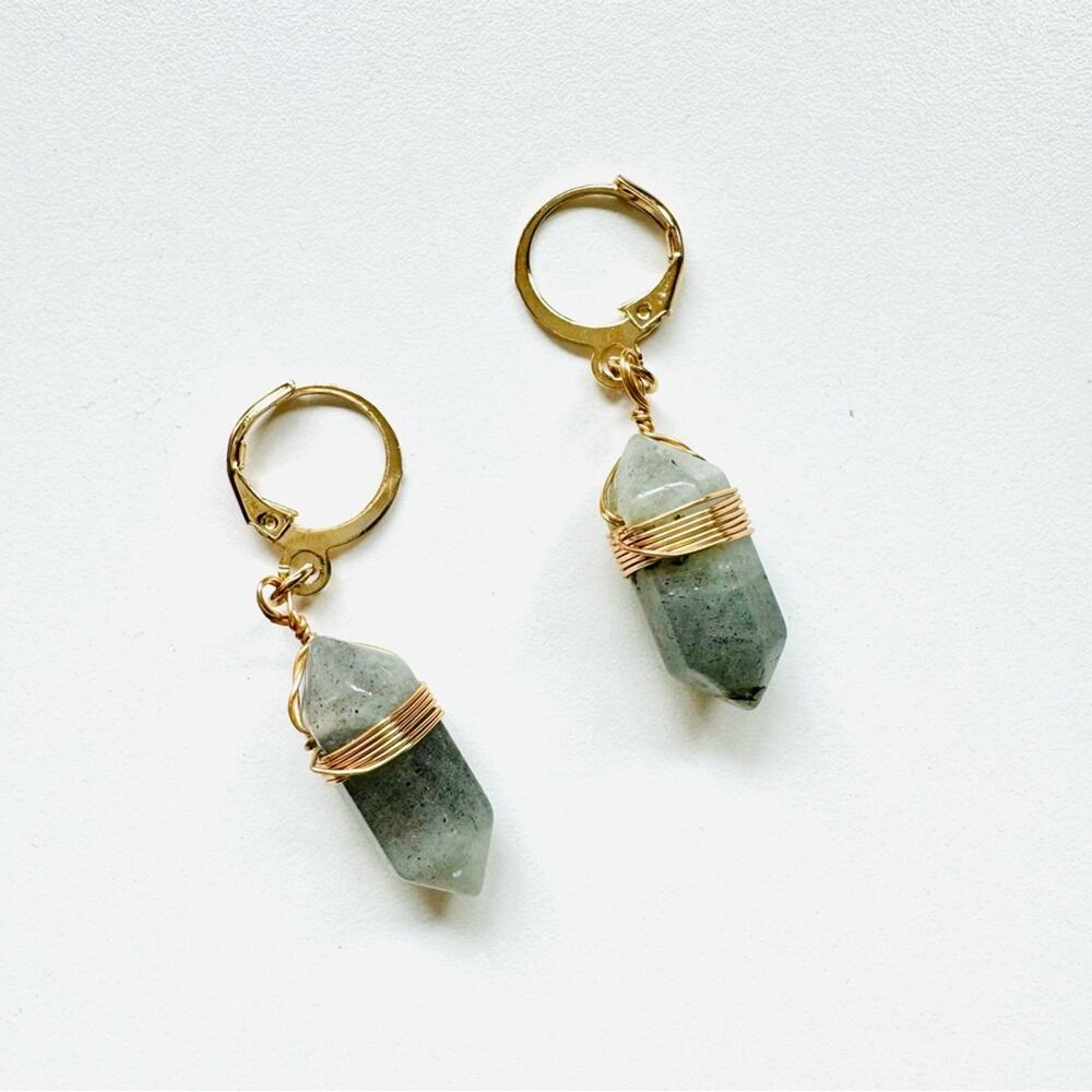 Labradorite Gold Handmade Boho Gemstone Crystal Hoop Earrings Hoops Jewelry - Picture 5 of 11